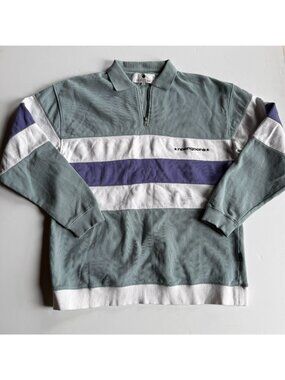 Noongoons Blue Quarter Zip Striped Rugby Polo Sweatshirt - Men's Large